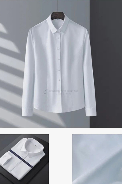 女长袖正规领衬衫

面料：白色细斜纹、80S/2*80S/2
成份：100%棉
工艺：成衣免烫